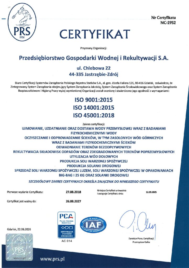 Certyfikat PRS nr NC-2952: ISO 9001:2015, ISO 14001:2015, ISO 45001:2018